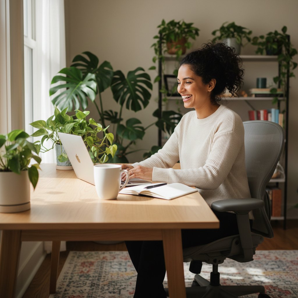 Persona che lavora da casa con computer portatile in ambiente confortevole
